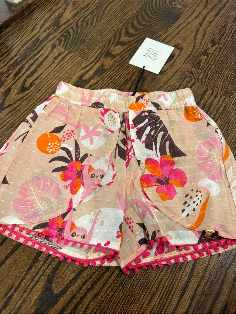 NWT Deux Par Deux Jungle Hibiscus Tropical Shorts Girls Size 8 Pom Trim